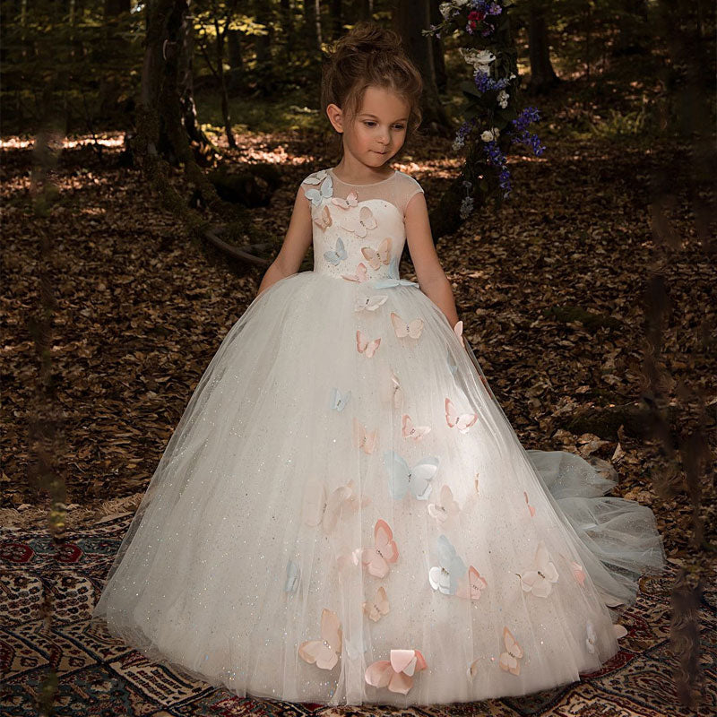 Fancy Butterfly Decoration Ivory Tulle Flower Girl Dress Sheer Neckline Cap Sleeves Kids Pageant Ball Gowns with Rhinestones picture color 4T