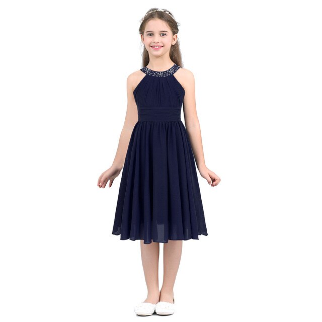 Kids Girls Children Teens Sleeveless Flower Shaped Rhinestone Chiffon Dress Elegant Party Pageant Formal Wedding Princess Dress