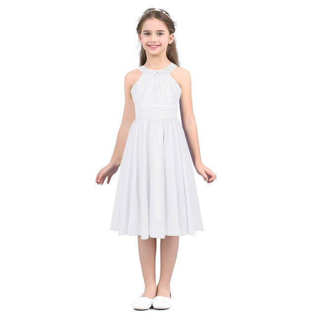 Kids Girls Children Teens Sleeveless Flower Shaped Rhinestone Chiffon Dress Elegant Party Pageant Formal Wedding Princess Dress