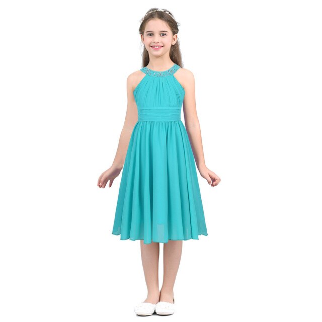 Kids Girls Children Teens Sleeveless Flower Shaped Rhinestone Chiffon Dress Elegant Party Pageant Formal Wedding Princess Dress