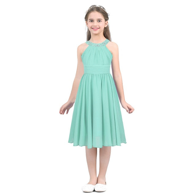 Kids Girls Children Teens Sleeveless Flower Shaped Rhinestone Chiffon Dress Elegant Party Pageant Formal Wedding Princess Dress