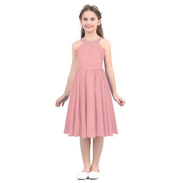 Kids Girls Children Teens Sleeveless Flower Shaped Rhinestone Chiffon Dress Elegant Party Pageant Formal Wedding Princess Dress