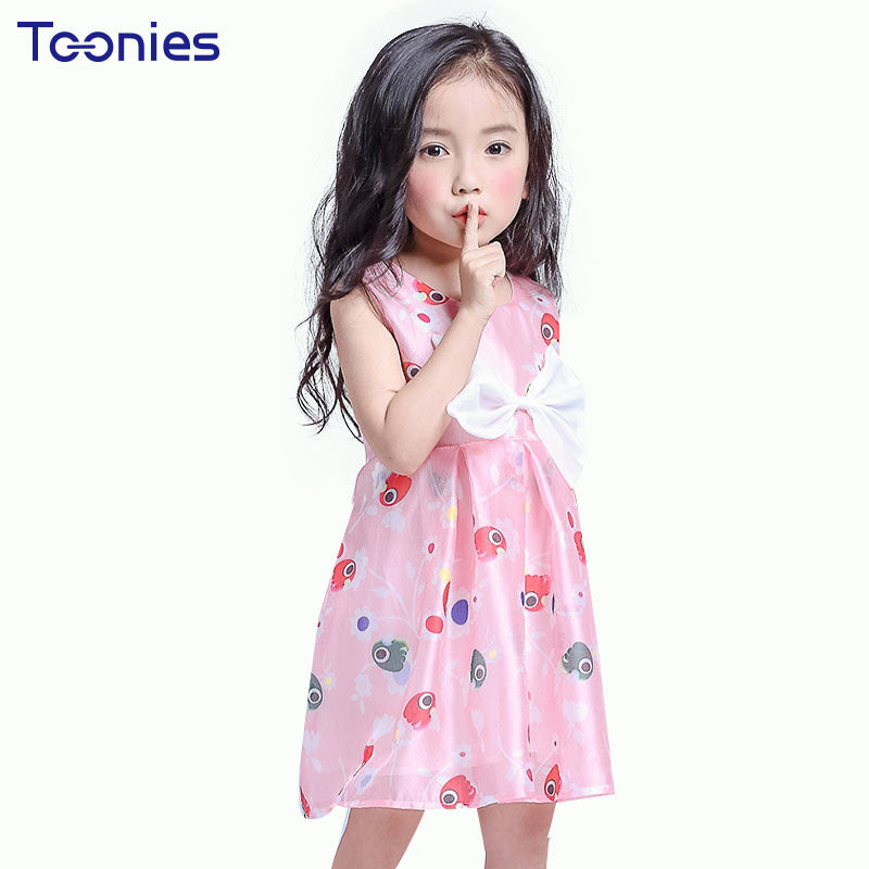 New Chiffon Girl Dresses Front Big Bow Pink Children Party Wedding Costume Dress Sleeveless Cartoon Print Vestido Clothes 3-8Yrs - Growing Kids