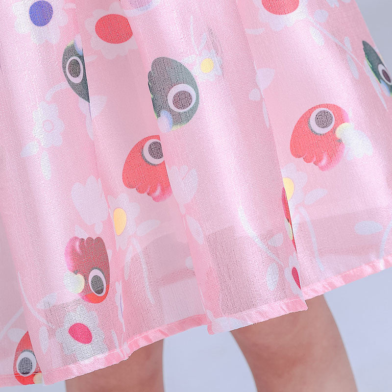 New Chiffon Girl Dresses Front Big Bow Pink Children Party Wedding Costume Dress Sleeveless Cartoon Print Vestido Clothes 3-8Yrs - Growing Kids