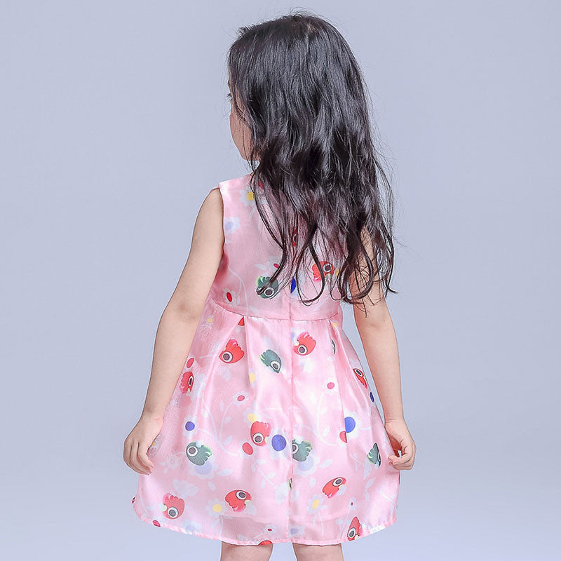 New Chiffon Girl Dresses Front Big Bow Pink Children Party Wedding Costume Dress Sleeveless Cartoon Print Vestido Clothes 3-8Yrs - Growing Kids