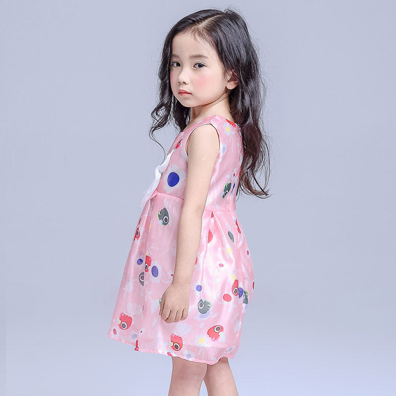New Chiffon Girl Dresses Front Big Bow Pink Children Party Wedding Costume Dress Sleeveless Cartoon Print Vestido Clothes 3-8Yrs - Growing Kids