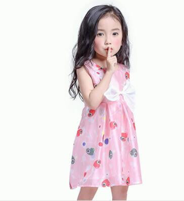 New Chiffon Girl Dresses Front Big Bow Pink Children Party Wedding Costume Dress Sleeveless Cartoon Print Vestido Clothes 3-8Yrs - Growing Kids