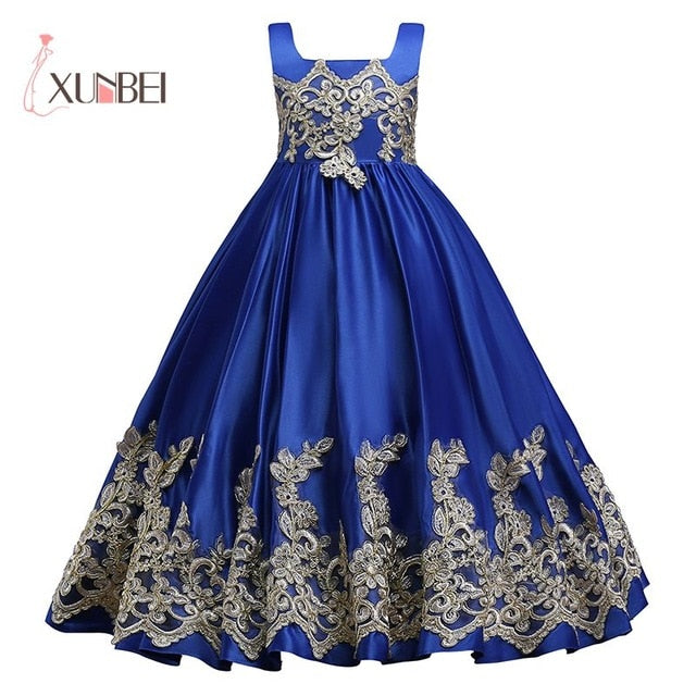 OBF- Girl Dresses Big Bow Flower Girl Dresses 2019 Gold Applique Girls Pageant Dress First Communion Dresses - Growing Kids